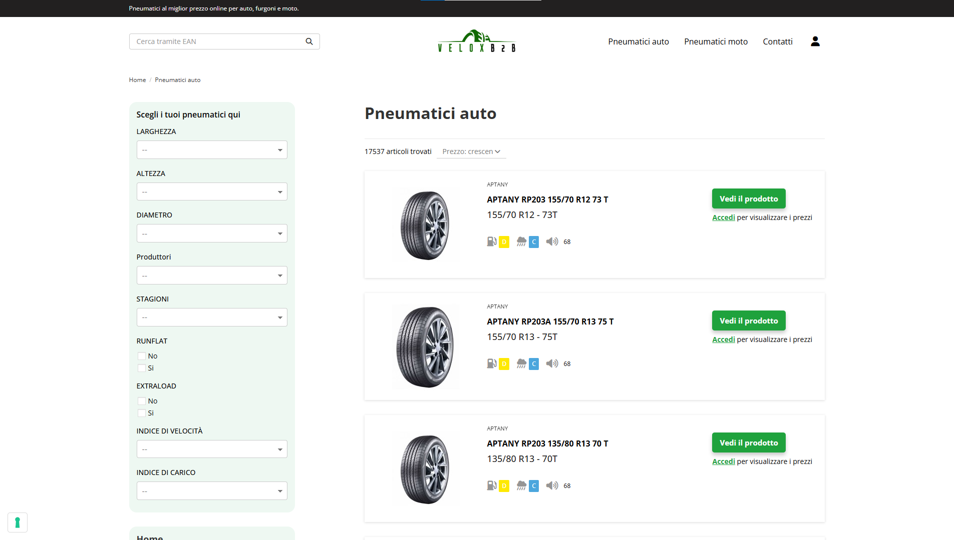 Velox B2B Italy platform screenshot